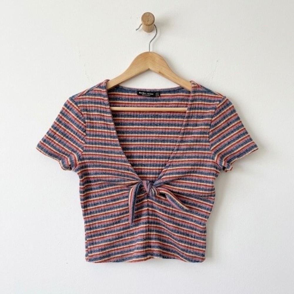 Bershka BSKGIRL Striped‎ Front Tie Crop Top Short Sleeve Ribbed V-Neck Multi S